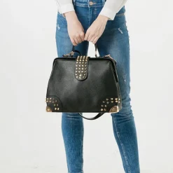 Sac Bandoulière Sac À Main|Sac Cabas Et Fourre-tout^Sac à main clouté en cuir avec dorure noir